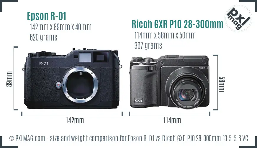 Epson R-D1 vs Ricoh GXR P10 28-300mm F3.5-5.6 VC size comparison