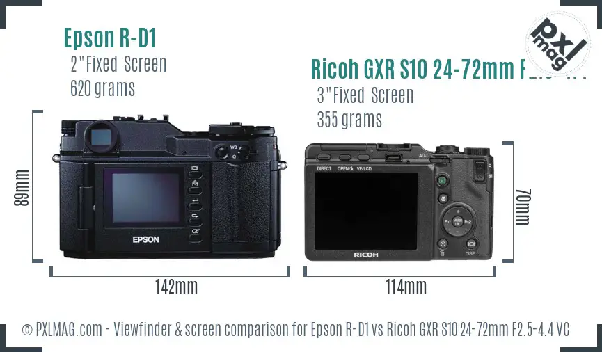 Epson R-D1 vs Ricoh GXR S10 24-72mm F2.5-4.4 VC Screen and Viewfinder comparison