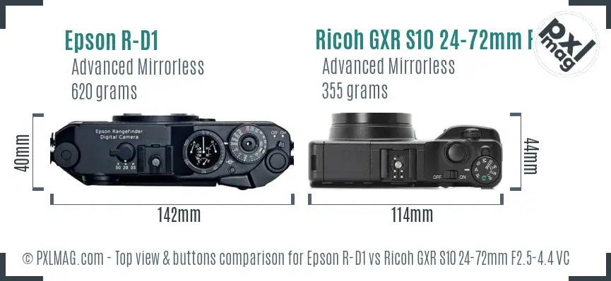 Epson R-D1 vs Ricoh GXR S10 24-72mm F2.5-4.4 VC top view buttons comparison