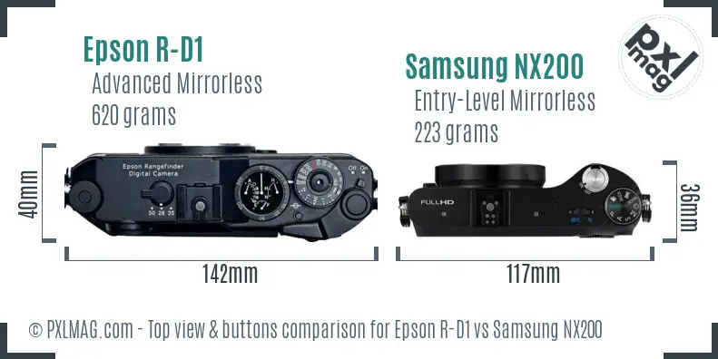 Epson R-D1 vs Samsung NX200 top view buttons comparison Epson R-D1 vs Samsung NX200 top view buttons comparison