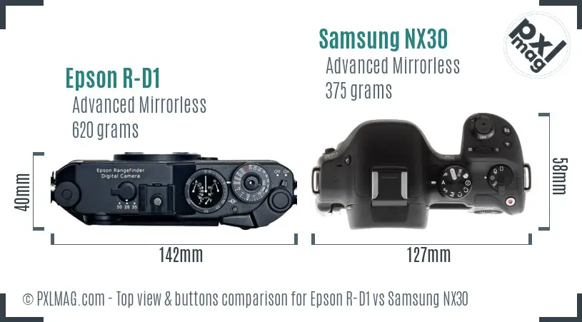 Epson R-D1 vs Samsung NX30 top view buttons comparison