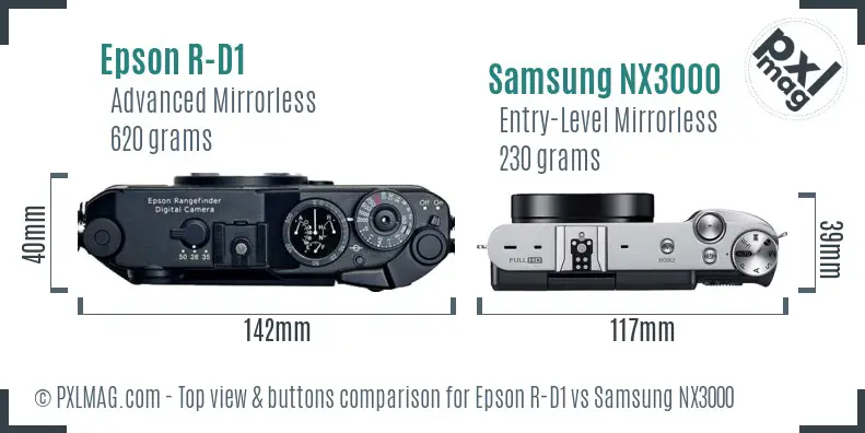 Epson R-D1 vs Samsung NX3000 top view buttons comparison