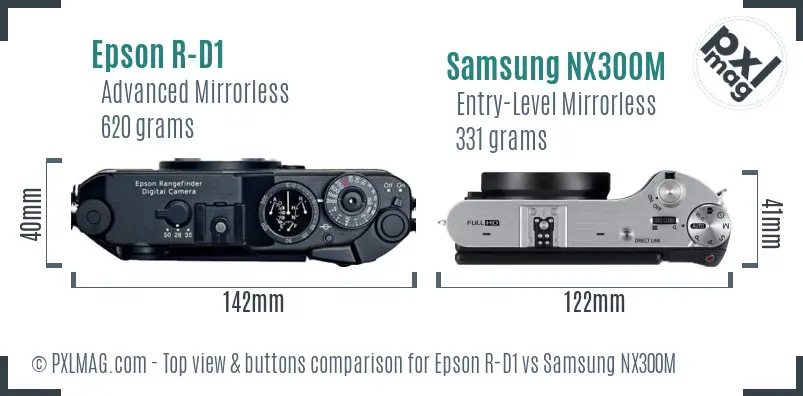 Epson R-D1 vs Samsung NX300M top view buttons comparison