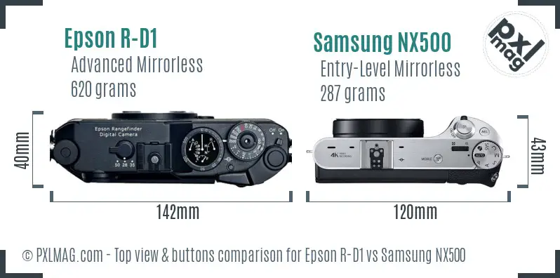 Epson R-D1 vs Samsung NX500 top view buttons comparison