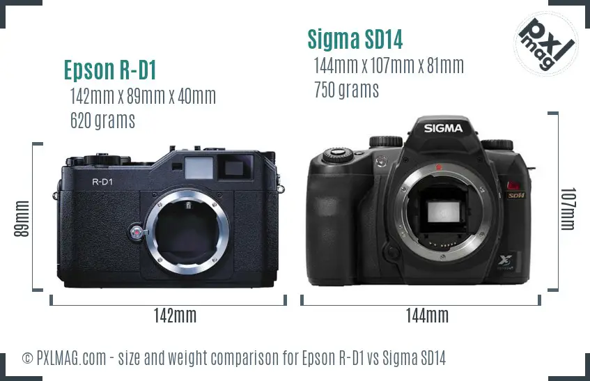 Epson R-D1 vs Sigma SD14 size comparison
