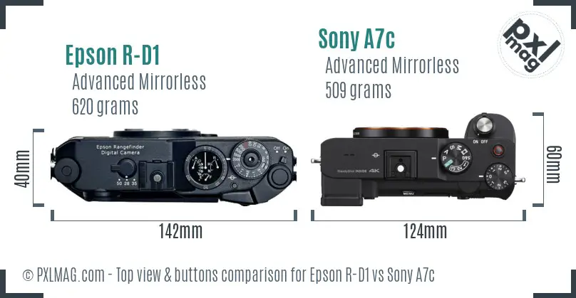Epson R-D1 vs Sony A7c top view buttons comparison