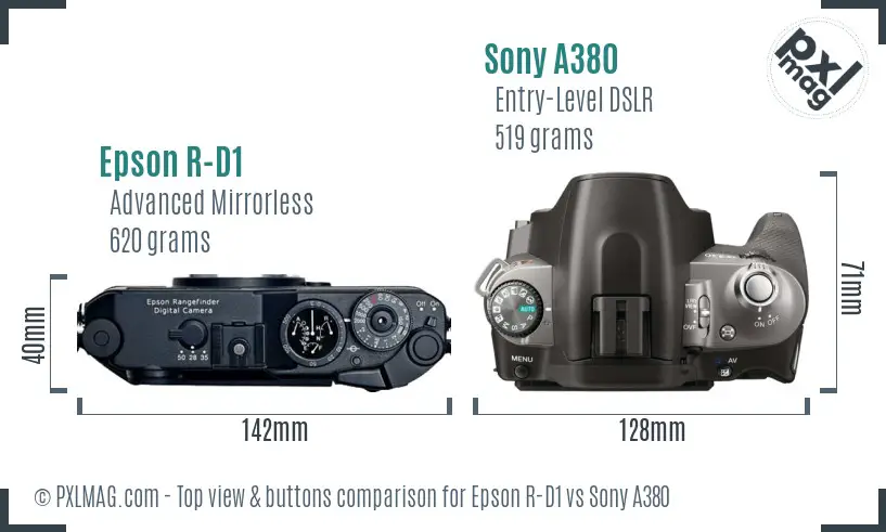 Epson R-D1 vs Sony A380 top view buttons comparison