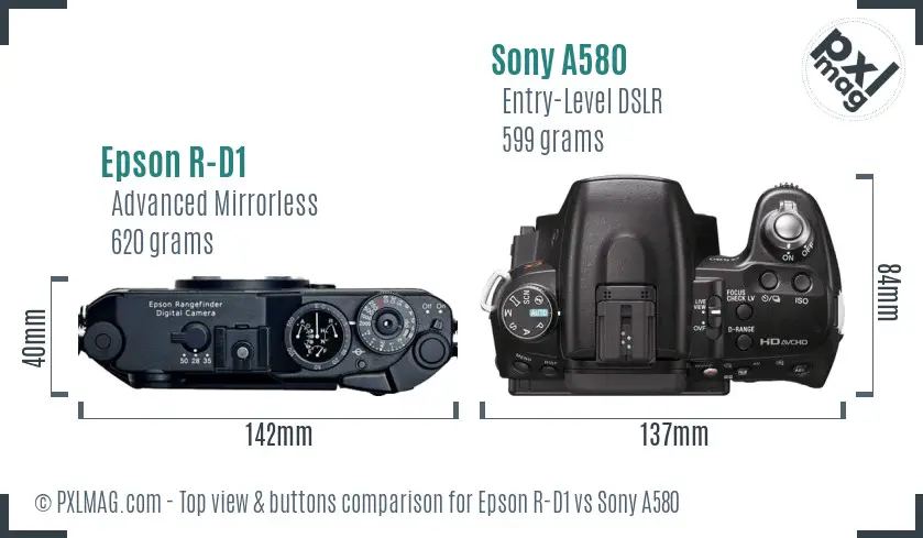 Epson R-D1 vs Sony A580 top view buttons comparison