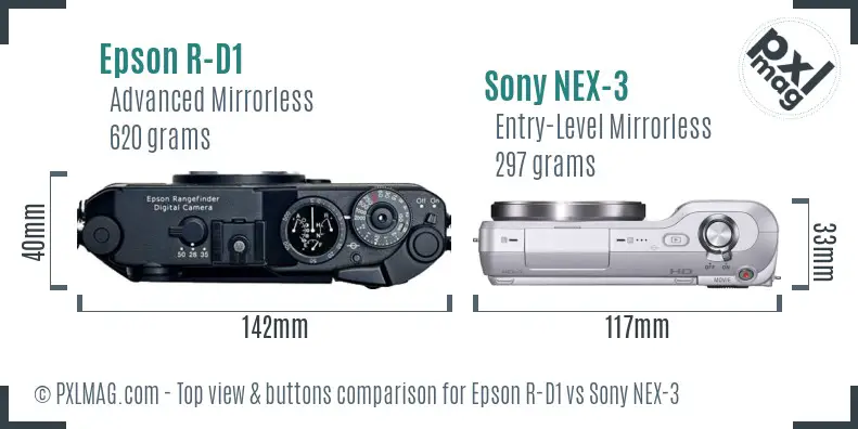 Epson R-D1 vs Sony NEX-3 top view buttons comparison