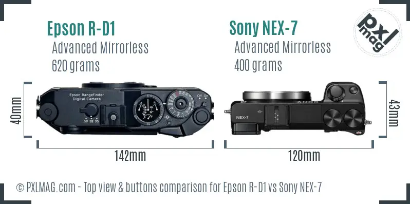 Epson R-D1 vs Sony NEX-7 top view buttons comparison Epson R-D1 vs Sony NEX-7 top view buttons comparison