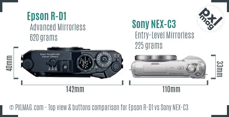 Epson R-D1 vs Sony NEX-C3 top view buttons comparison