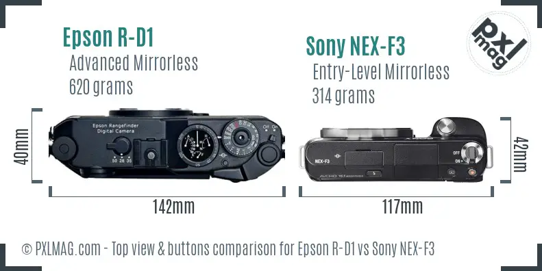 Epson R-D1 vs Sony NEX-F3 top view buttons comparison