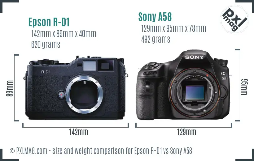 Epson R-D1 vs Sony A58 size comparison