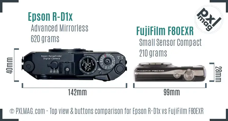 Epson R-D1x vs FujiFilm F80EXR top view buttons comparison