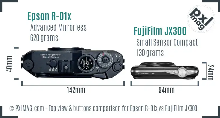 Epson R-D1x vs FujiFilm JX300 top view buttons comparison Epson R-D1x vs FujiFilm JX300 top view buttons comparison