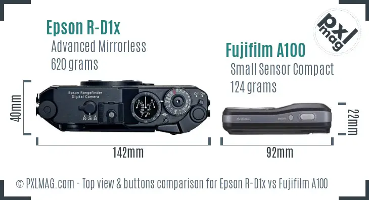 Epson R-D1x vs Fujifilm A100 top view buttons comparison Epson R-D1x vs Fujifilm A100 top view buttons comparison