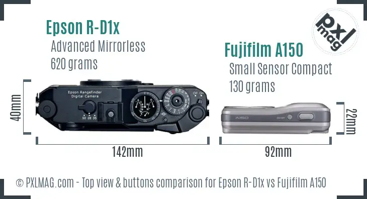 Epson R-D1x vs Fujifilm A150 top view buttons comparison Epson R-D1x vs Fujifilm A150 top view buttons comparison