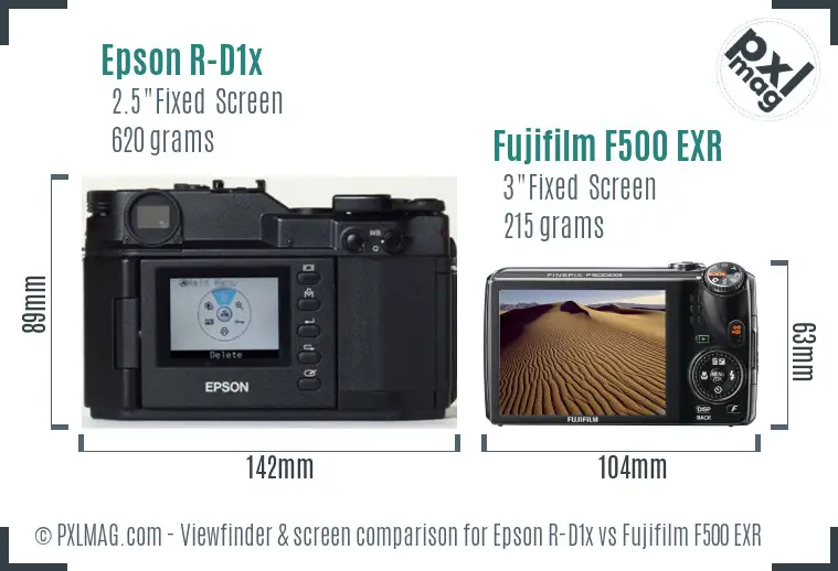 Epson R-D1x vs Fujifilm F500 EXR Screen and Viewfinder comparison