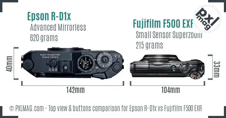 Epson R-D1x vs Fujifilm F500 EXR top view buttons comparison