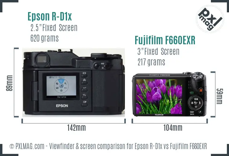 Epson R-D1x vs Fujifilm F660EXR Screen and Viewfinder comparison