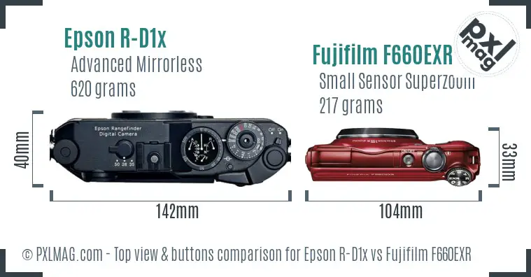 Epson R-D1x vs Fujifilm F660EXR top view buttons comparison