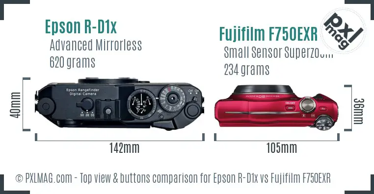 Epson R-D1x vs Fujifilm F750EXR top view buttons comparison Epson R-D1x vs Fujifilm F750EXR top view buttons comparison