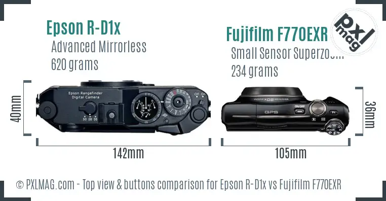 Epson R-D1x vs Fujifilm F770EXR top view buttons comparison Epson R-D1x vs Fujifilm F770EXR top view buttons comparison