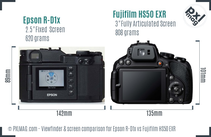 Epson R-D1x vs Fujifilm HS50 EXR Screen and Viewfinder comparison