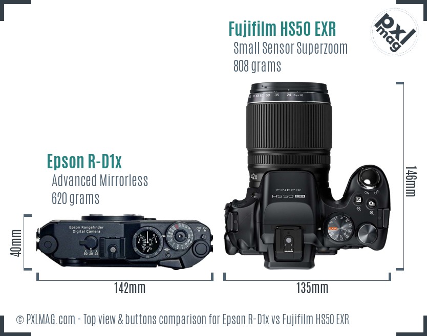 Epson R-D1x vs Fujifilm HS50 EXR top view buttons comparison
