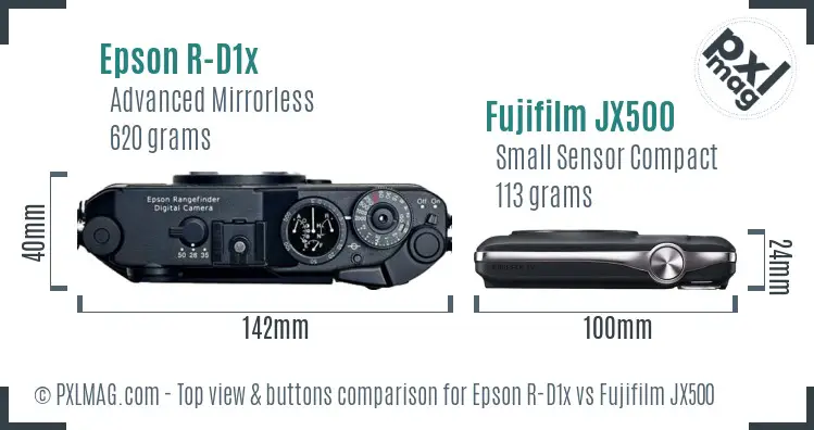 Epson R-D1x vs Fujifilm JX500 top view buttons comparison Epson R-D1x vs Fujifilm JX500 top view buttons comparison