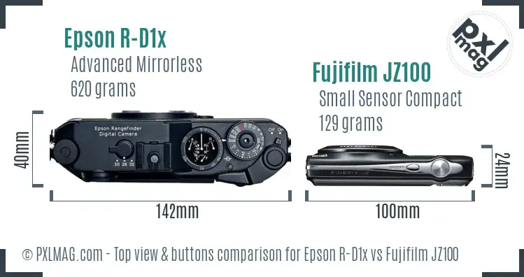 Epson R-D1x vs Fujifilm JZ100 top view buttons comparison Epson R-D1x vs Fujifilm JZ100 top view buttons comparison