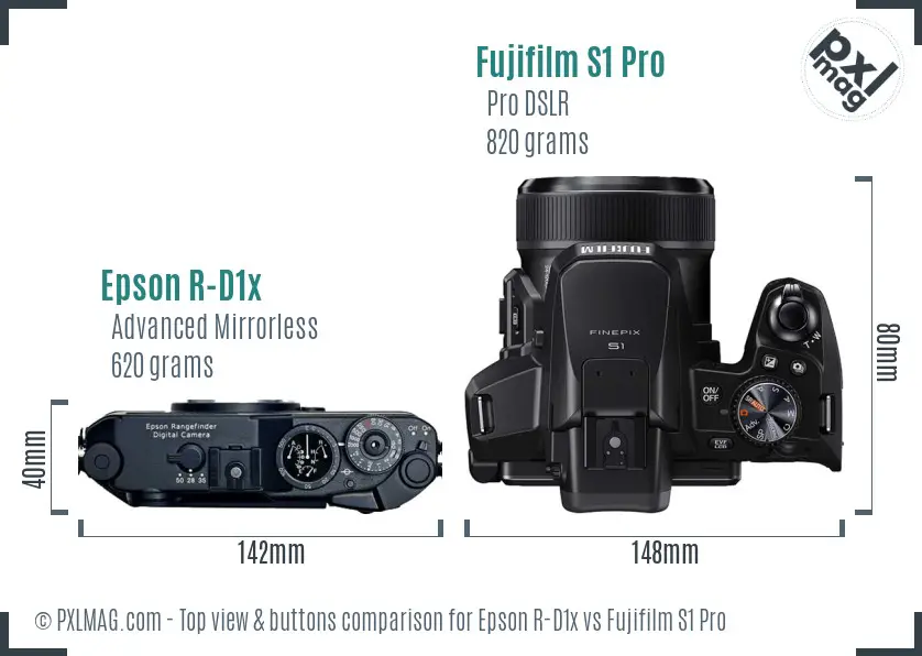 Epson R-D1x vs Fujifilm S1 Pro top view buttons comparison Epson R-D1x vs Fujifilm S1 Pro top view buttons comparison