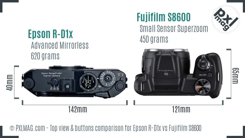 Epson R-D1x vs Fujifilm S8600 top view buttons comparison Epson R-D1x vs Fujifilm S8600 top view buttons comparison