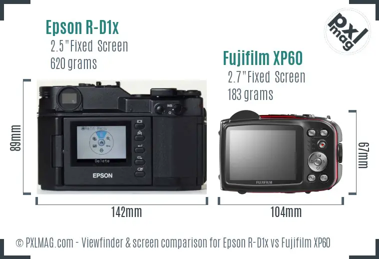 Epson R-D1x vs Fujifilm XP60 Screen and Viewfinder comparison
