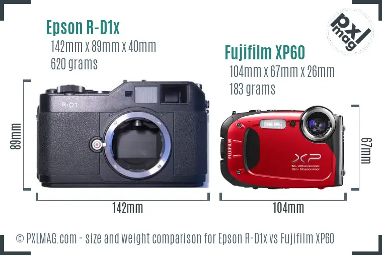 Epson R-D1x vs Fujifilm XP60 size comparison