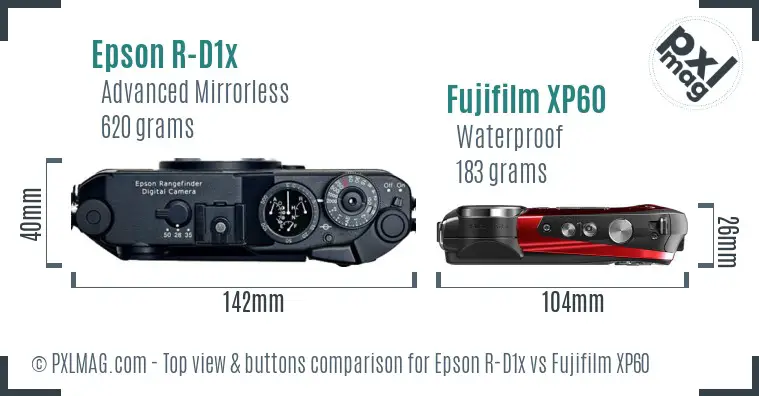 Epson R-D1x vs Fujifilm XP60 top view buttons comparison