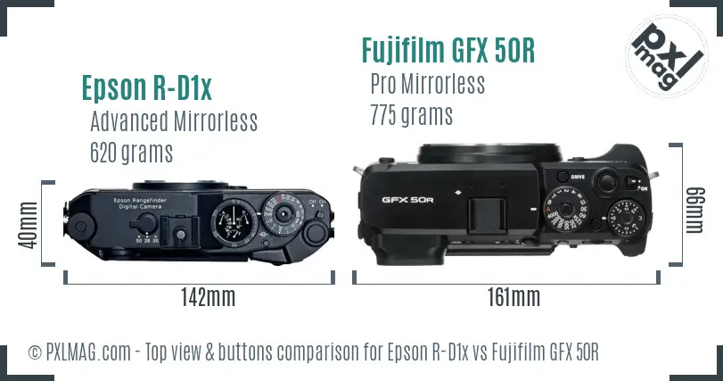 Epson R-D1x vs Fujifilm GFX 50R top view buttons comparison