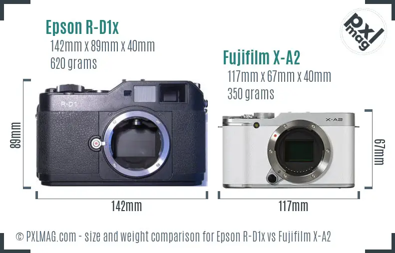 Epson R-D1x vs Fujifilm X-A2 size comparison