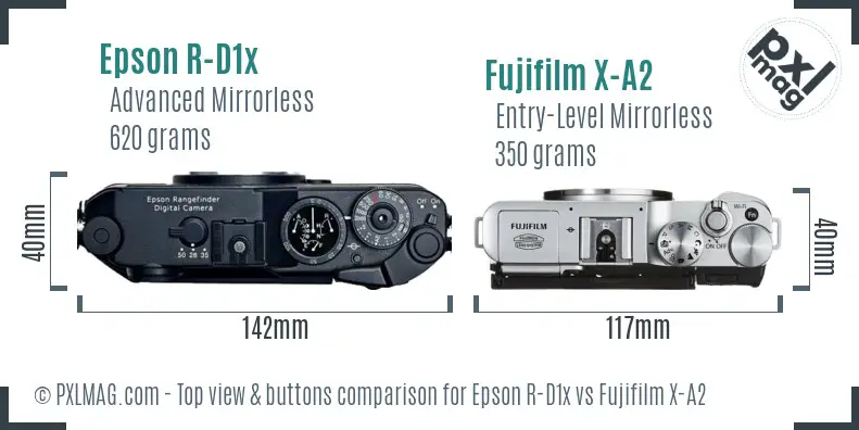 Epson R-D1x vs Fujifilm X-A2 top view buttons comparison