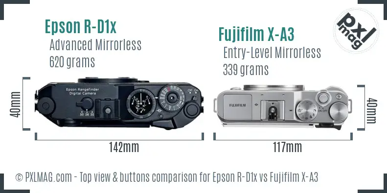 Epson R-D1x vs Fujifilm X-A3 top view buttons comparison
