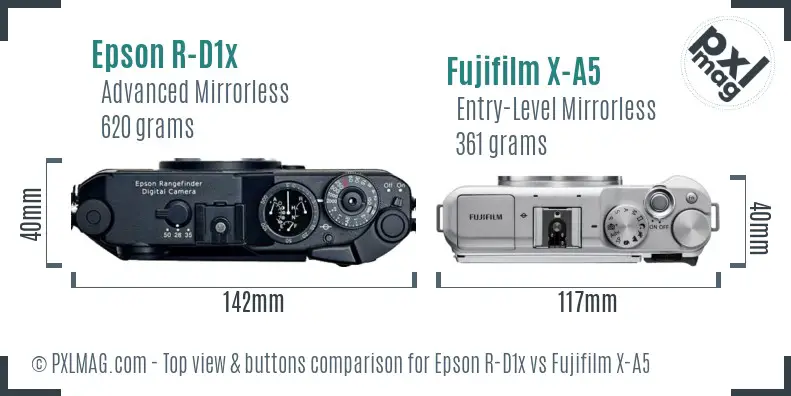 Epson R-D1x vs Fujifilm X-A5 top view buttons comparison