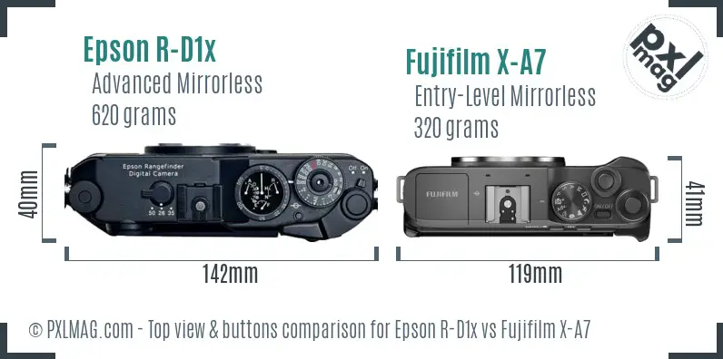 Epson R-D1x vs Fujifilm X-A7 top view buttons comparison