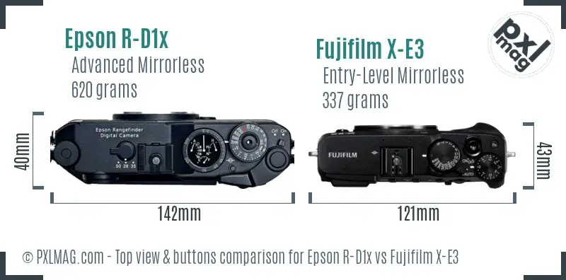 Epson R-D1x vs Fujifilm X-E3 top view buttons comparison