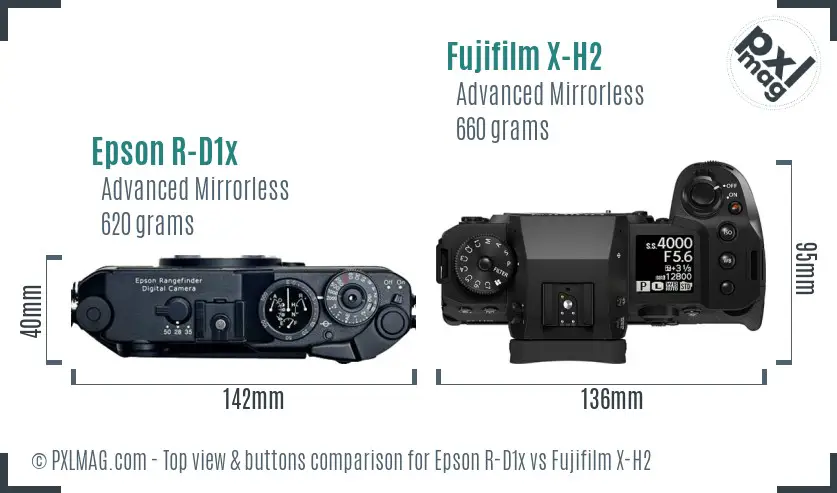 Epson R-D1x vs Fujifilm X-H2 top view buttons comparison