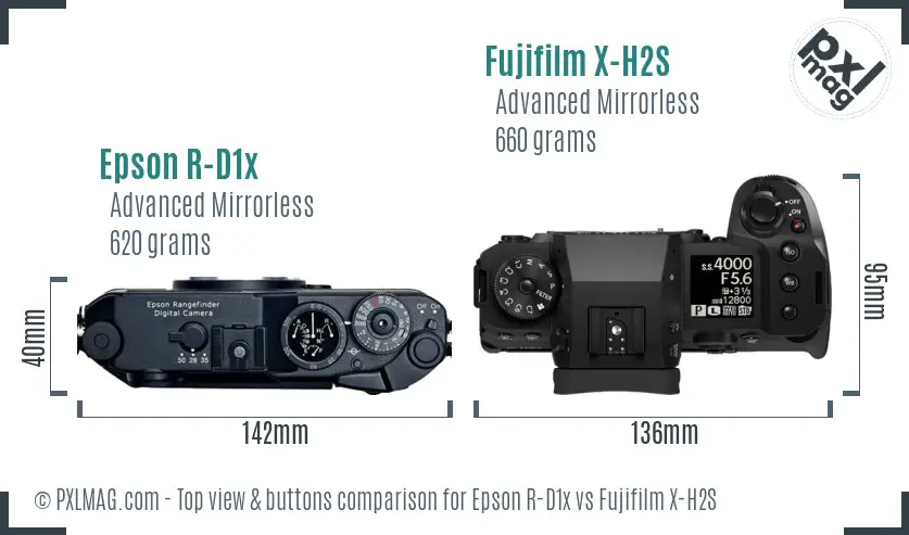 Epson R-D1x vs Fujifilm X-H2S top view buttons comparison