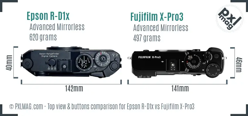 Epson R-D1x vs Fujifilm X-Pro3 top view buttons comparison