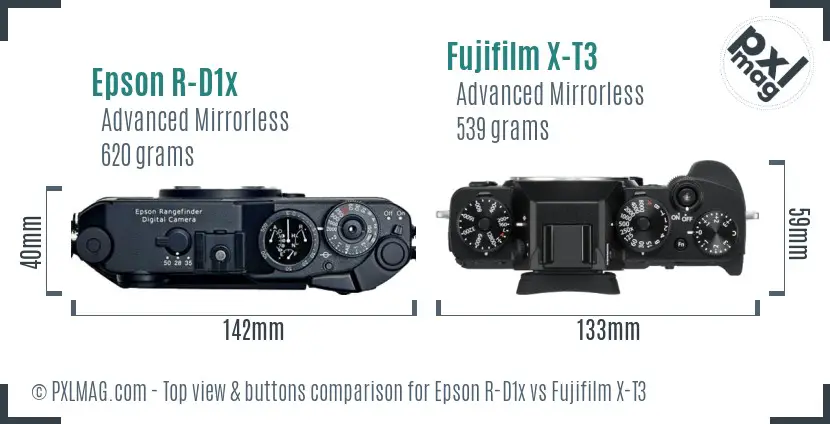 Epson R-D1x vs Fujifilm X-T3 top view buttons comparison
