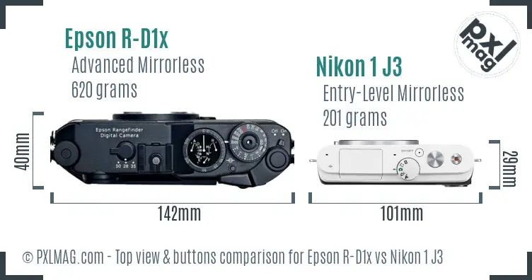 Epson R-D1x vs Nikon 1 J3 top view buttons comparison
