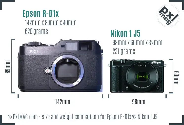 Epson R-D1x vs Nikon 1 J5 size comparison