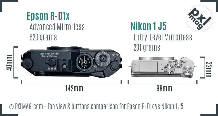 Epson R-D1x vs Nikon 1 J5 top view buttons comparison